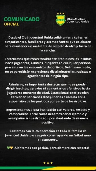 Juventud Unida pidió respeto en las canchas tras consagrarse campeón 2 La imagen actual no tiene texto alternativo. El nombre del archivo es: comunicado-CAJU.jpg