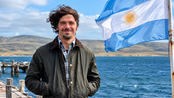 Retrato junto al mar con bandera argentina